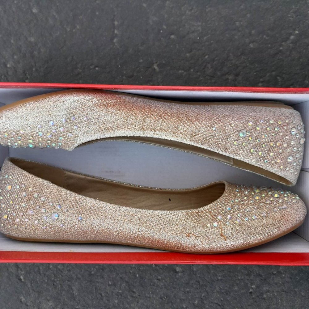 Womens Gold Wide Flats with Rhinestones Hot Cakes Brand Style Orleans